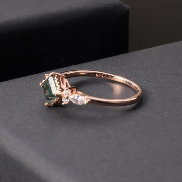 Silver Moss Agate Rings 14K Gold Rose Gold Three Stone Engagement Jewelry Women - Picture 5 of 6